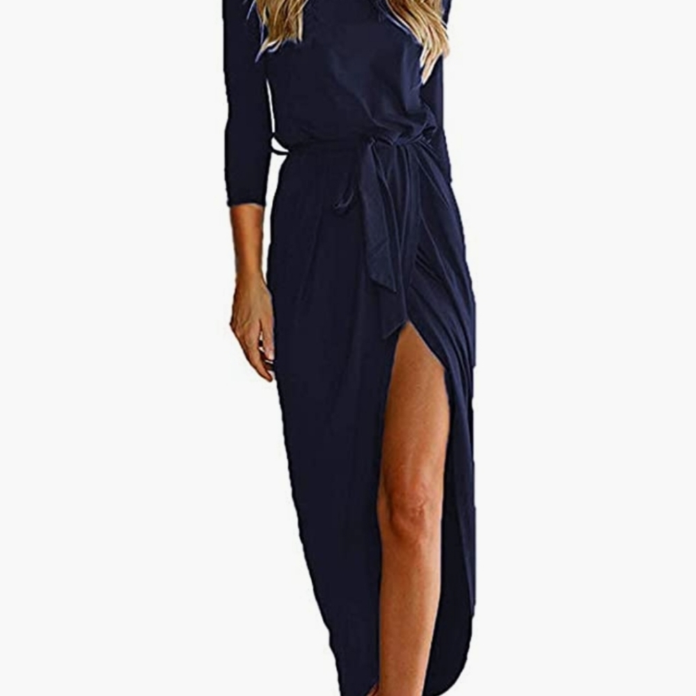 Qearal Women Short/3/4 Sleeve Belted Dress Elastic Waist Slit Long Maxi Dress